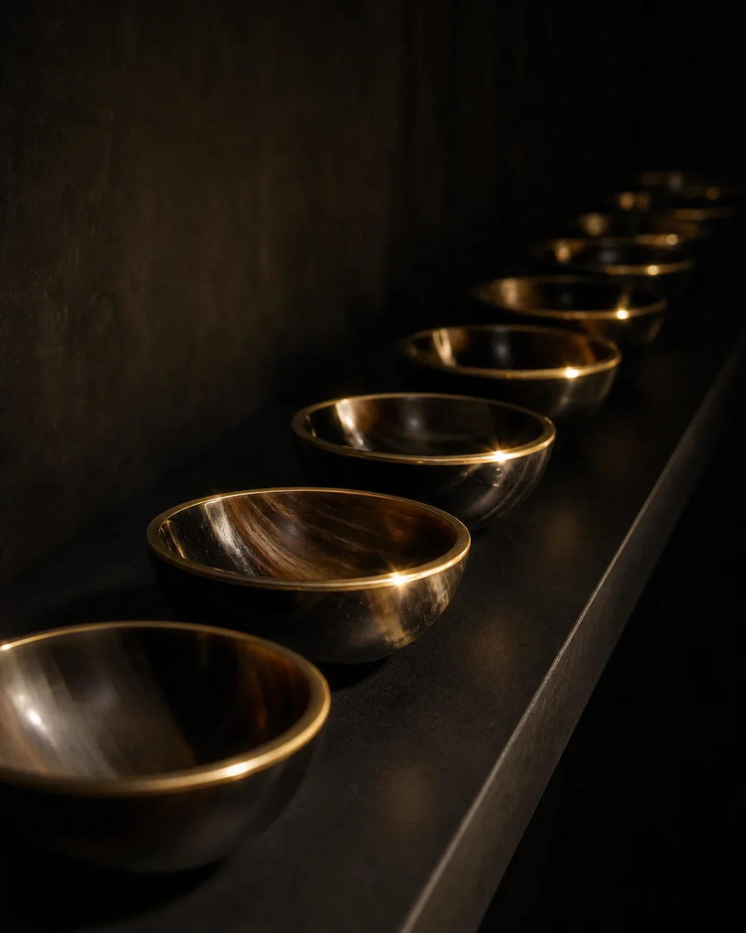 A row of dark horn bowls receding into shadow
