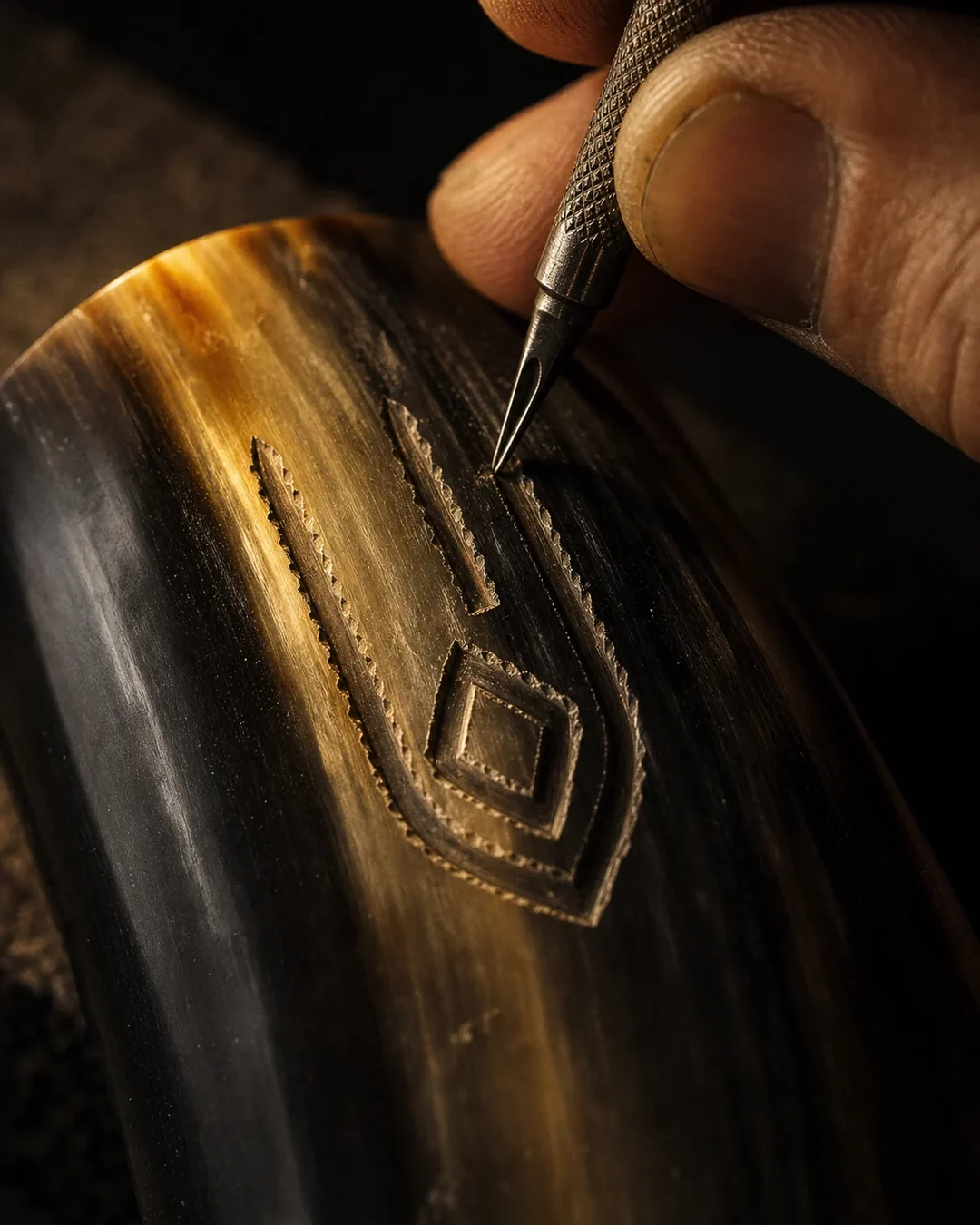 A crest being engraved into horn