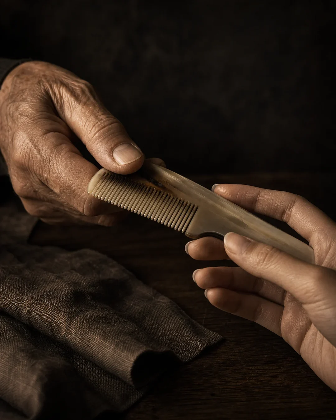 Two generations holding a horn comb