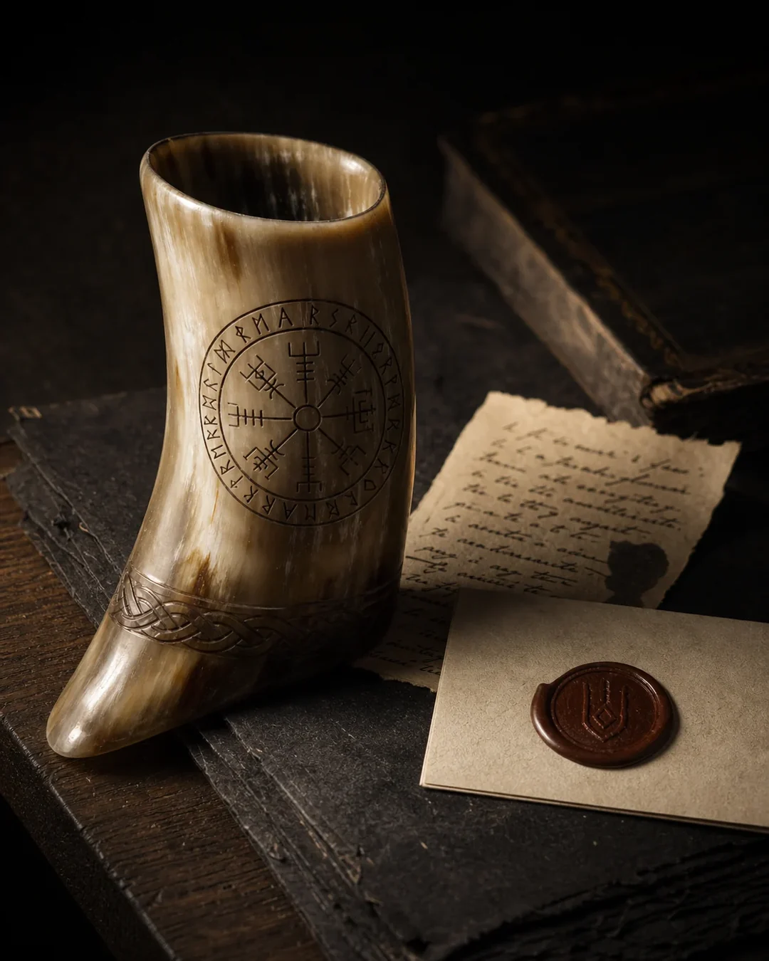 Horn object beside a handwritten origin note