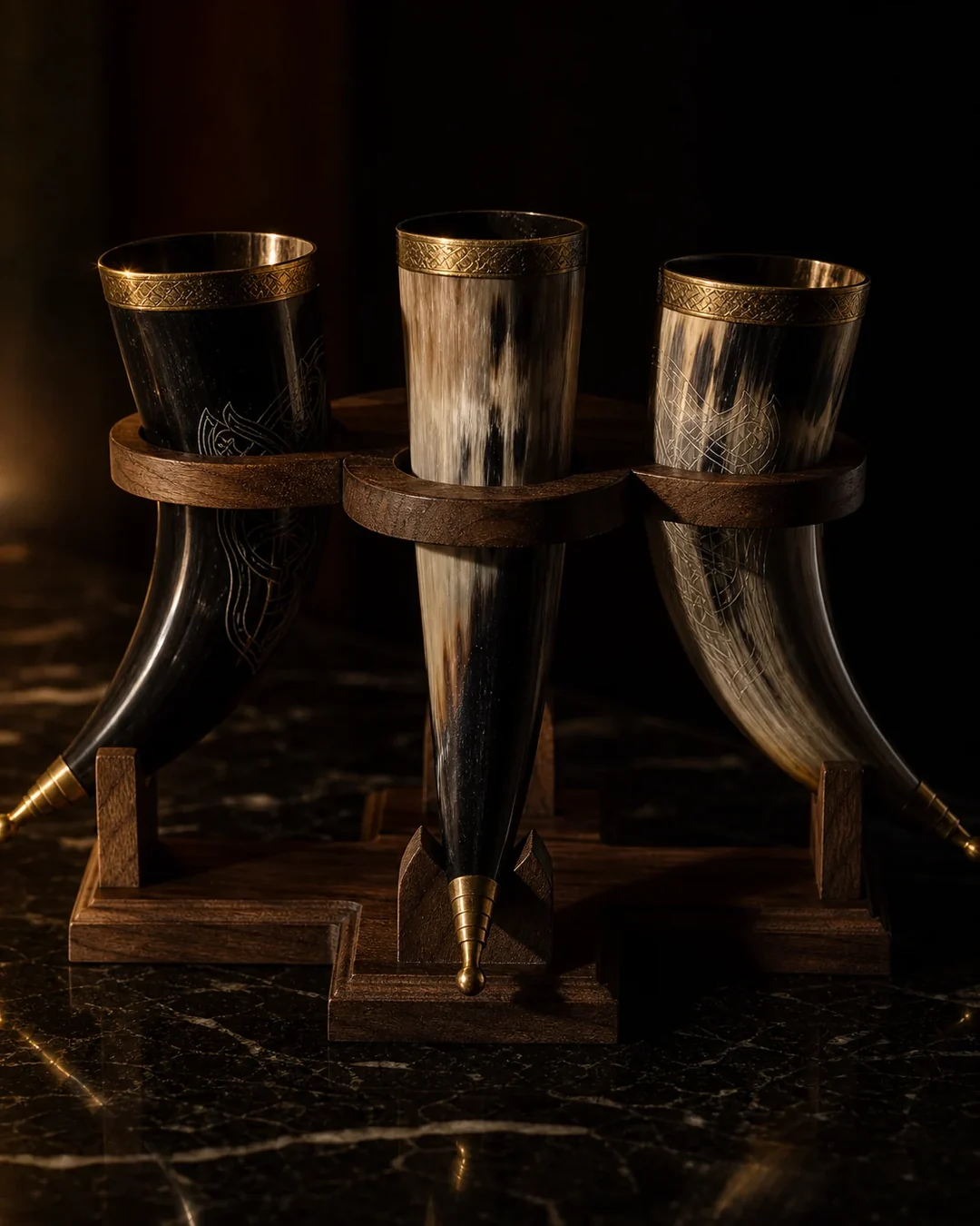 Three-cup horn stand service in wood and brass