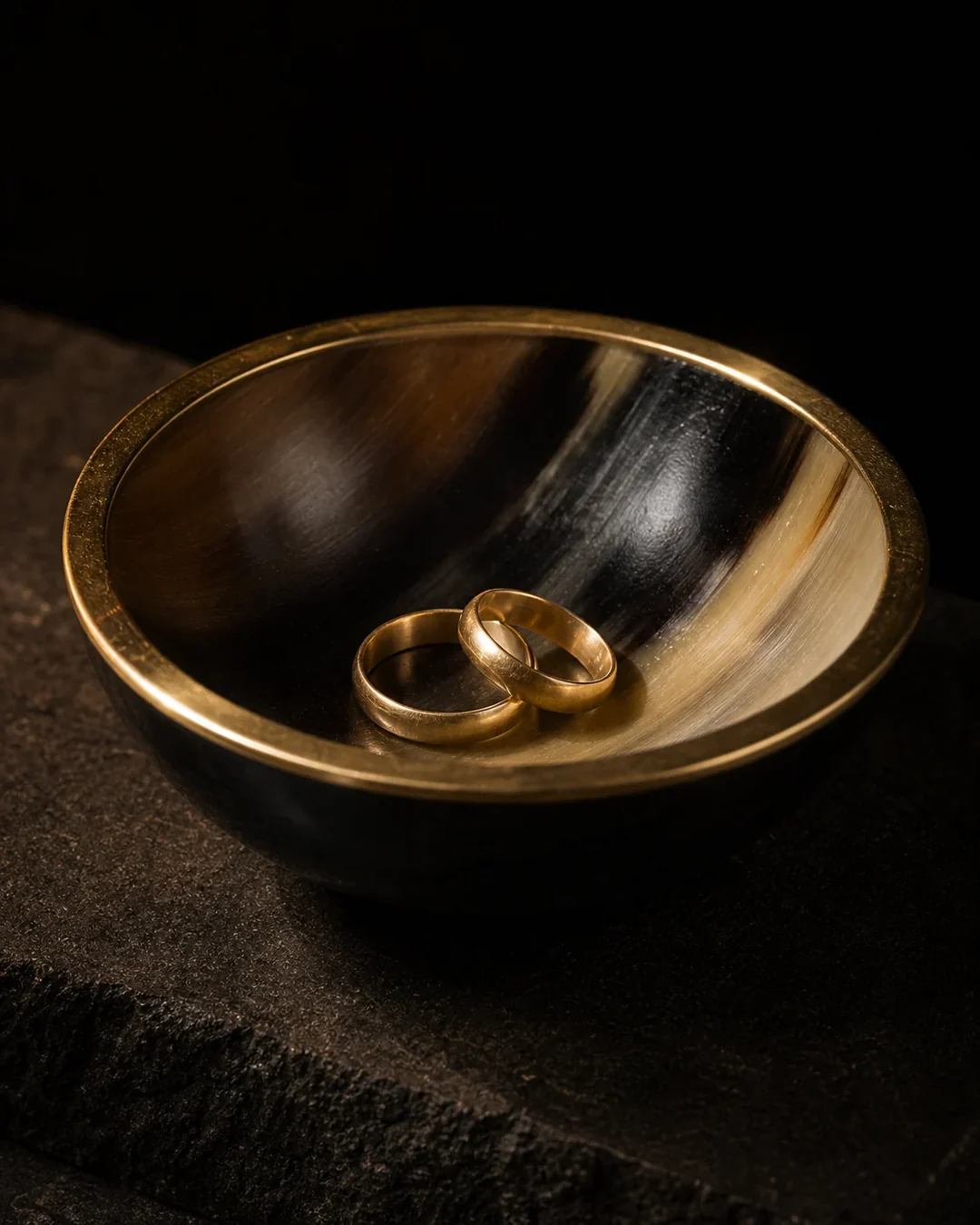 Brass-rim horn bowl holding two rings