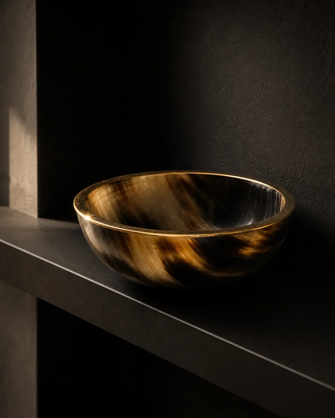 Brass-rim horn bowl on a dark shelf