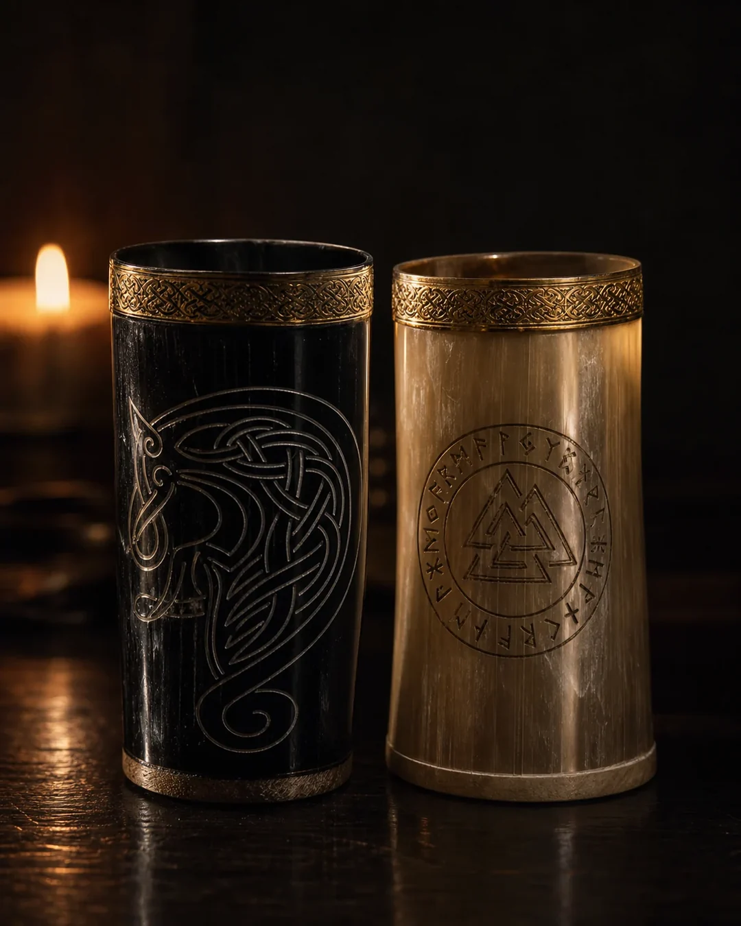 Two engraved horn glasses by candlelight