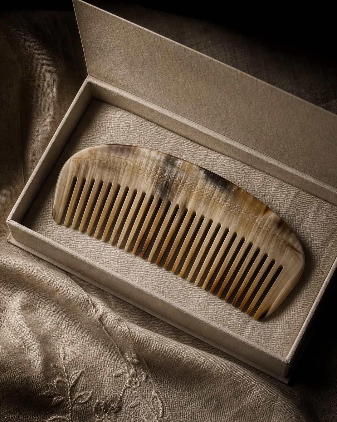Engraved blond horn comb in a linen gift box