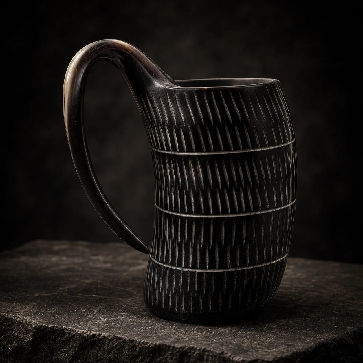 Black horn mug on dark background