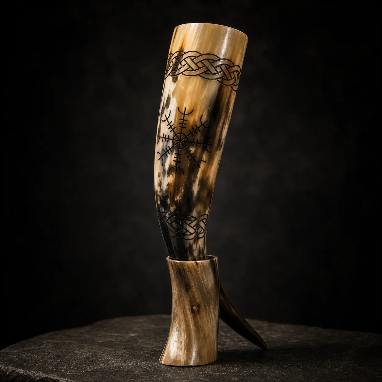 Engraved drinking horn on stand