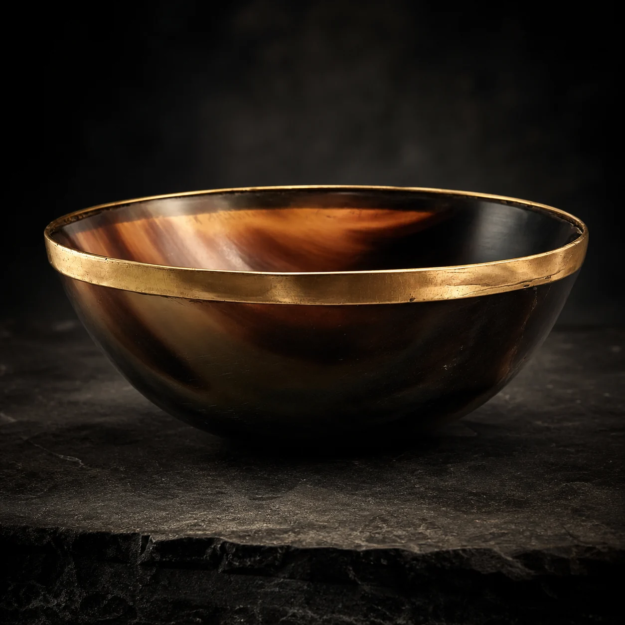 Brass-rim horn bowl in dark studio