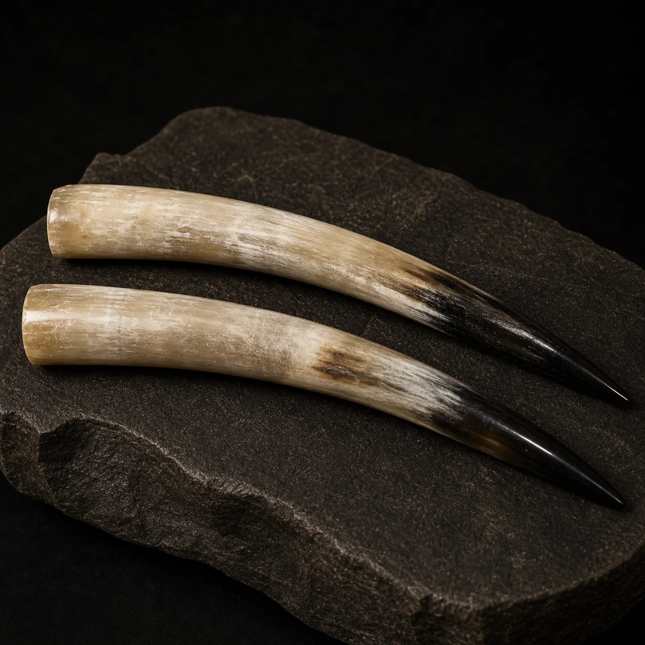 Polished natural horn forms in dark studio